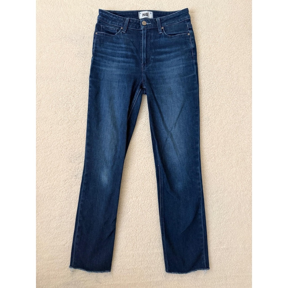 Paige Cindy Straight Crop Jeans Womens 27 Blue Wash Mid Rise Raw Hem Stretch